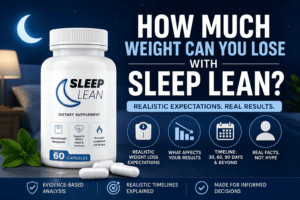 Sleep Lean dietary supplement bottle with capsules, promoting weight loss and better sleep.